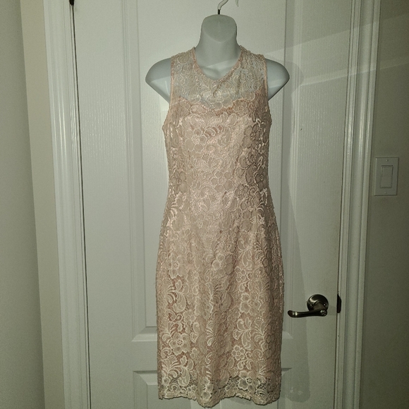 Peach lace over satin dress - Picture 2 of 9
